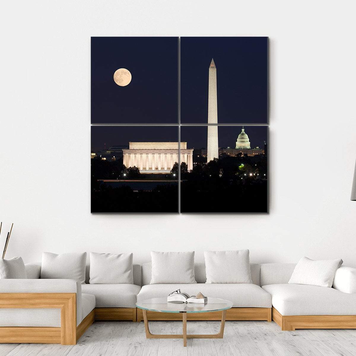 Full Moon Above Lincoln Memorial Canvas Wall Art-4 Square-Gallery Wrap-17" x 17"-Tiaracle