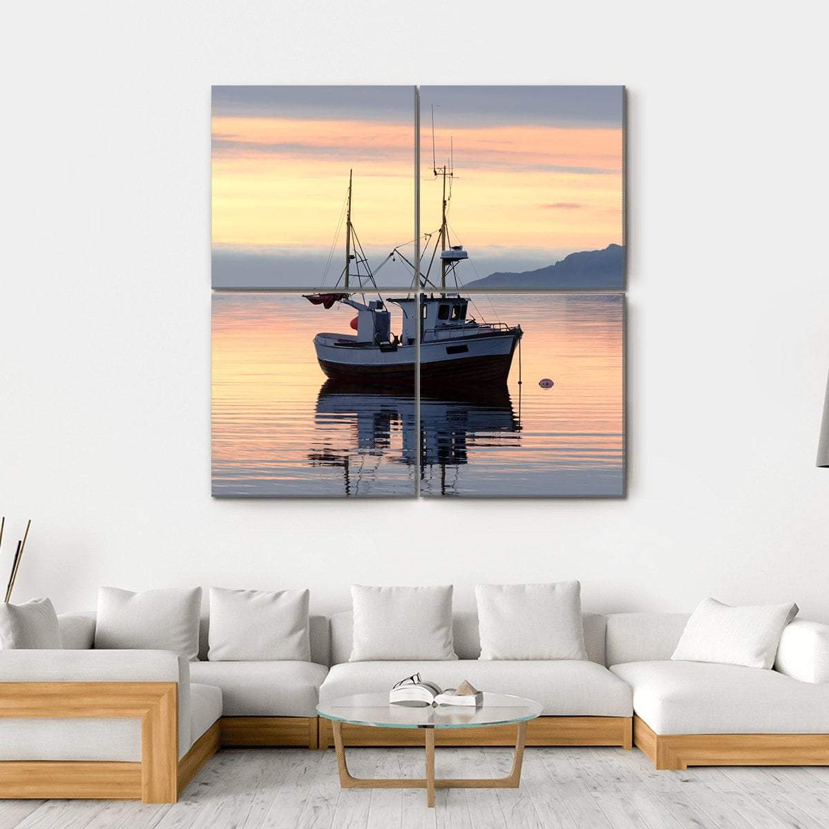 Fishing Boat Lies At Sundown Canvas Wall Art-4 Square-Gallery Wrap-17" x 17"-Tiaracle