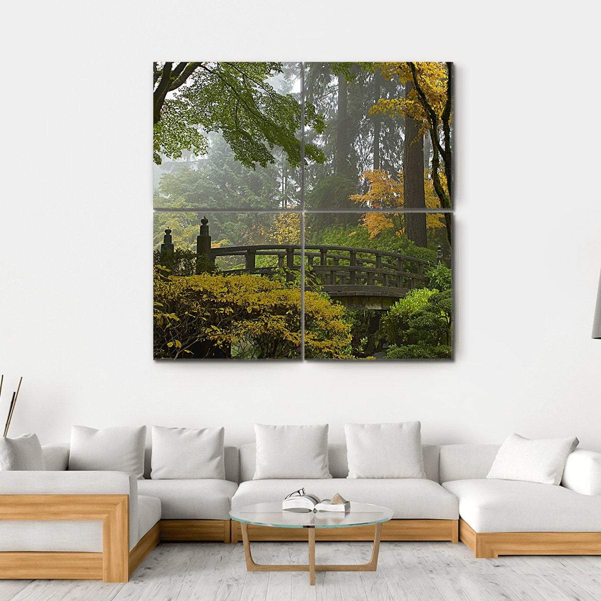 Arched Wooden Bridge in Misty Japanese Garden Canvas Wall Art in brown, yellow and green, hung on a wall