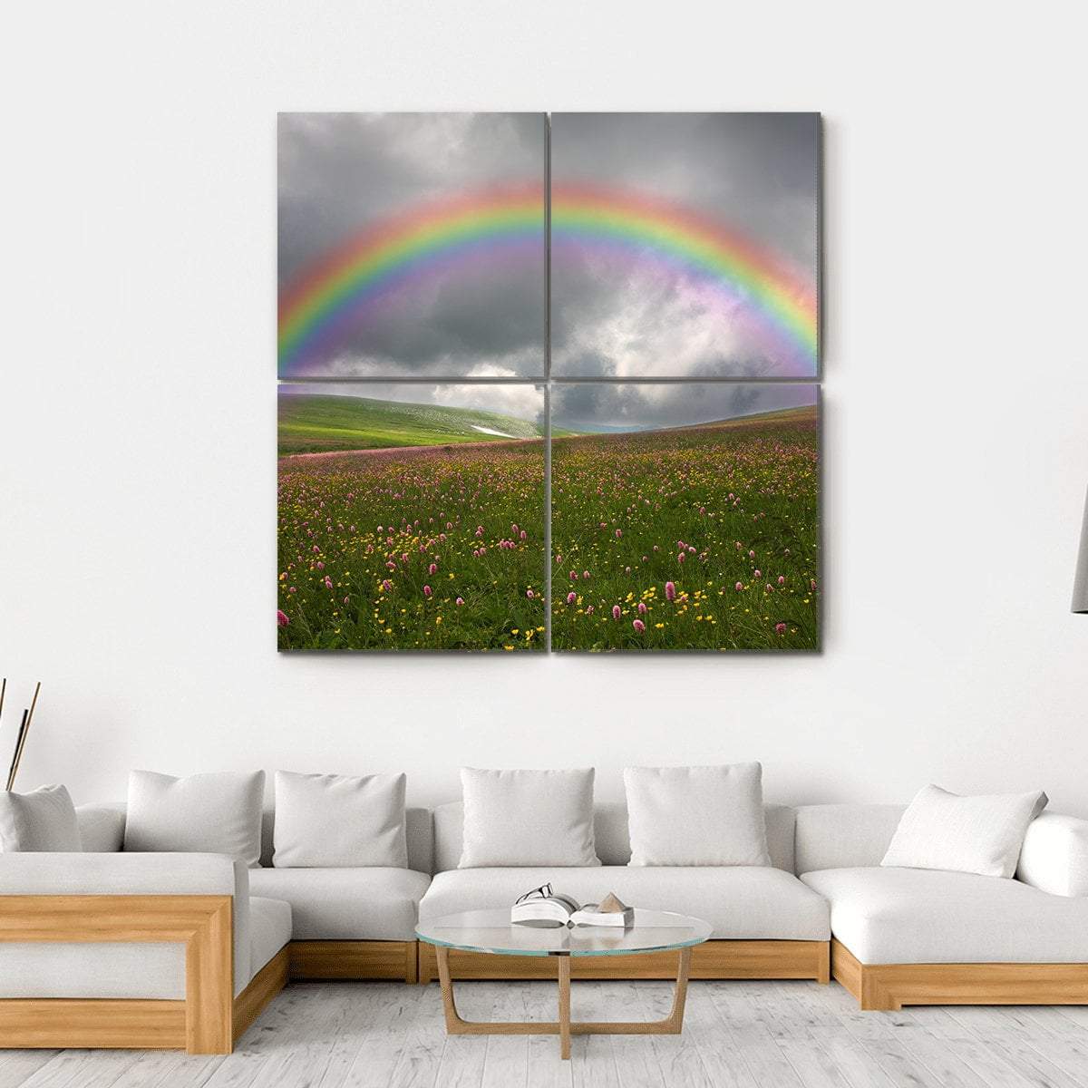 Rainbow Over Wildflower Hills Canvas Wall Art in gray, green and multicolor, hung on a wall