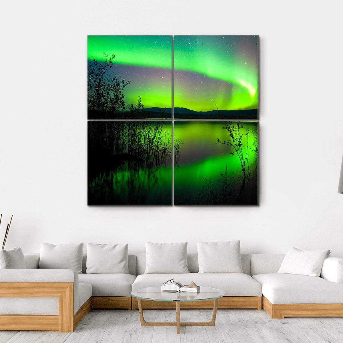 Silhouettes Of Intense Northern Lights over Lake Laberge Canada Canvas Wall Art-4 Square-Gallery Wrap-17" x 17"-Tiaracle