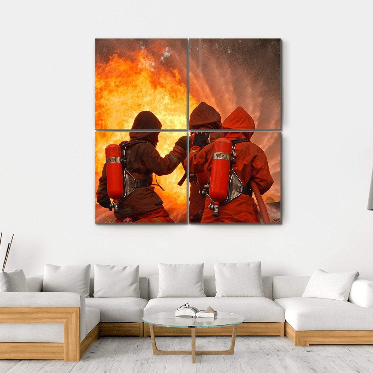 Firefighters In Action Canvas Wall Art-4 Square-Gallery Wrap-17" x 17"-Tiaracle