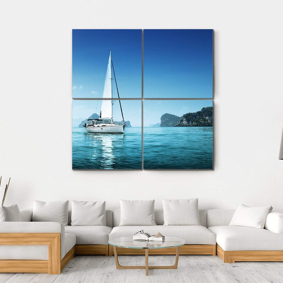 Yacht And Blue Water Ocean Canvas Wall Art-4 Square-Gallery Wrap-17" x 17"-Tiaracle