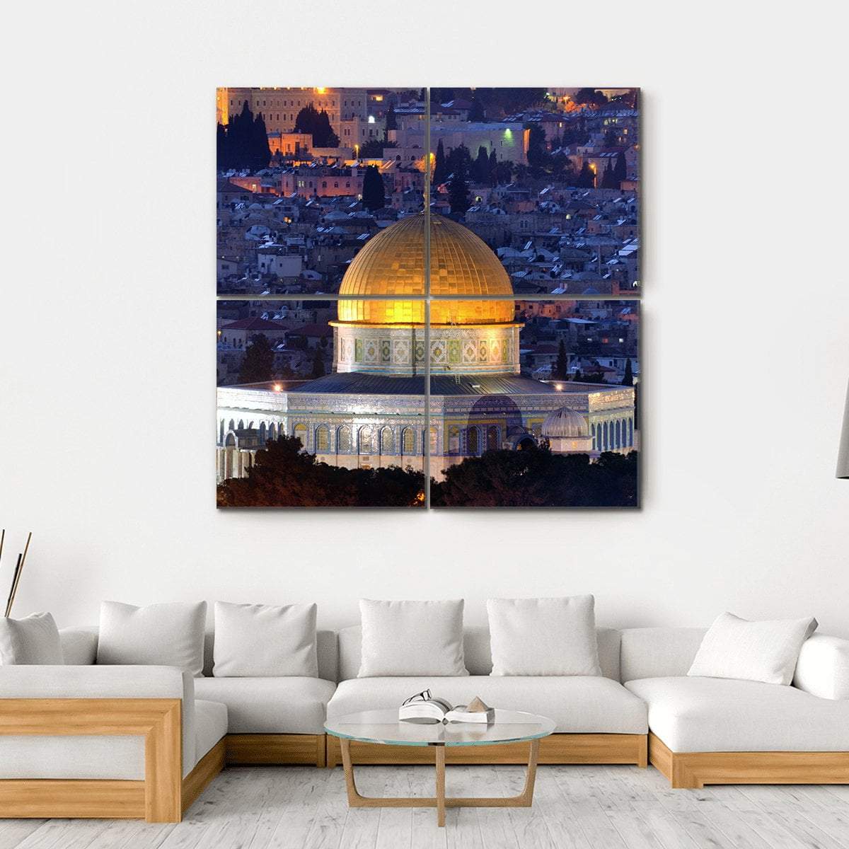 Dome of the Rock, Jerusalem Night View Canvas Wall Art in gold, yellow and blue, hung on a wall