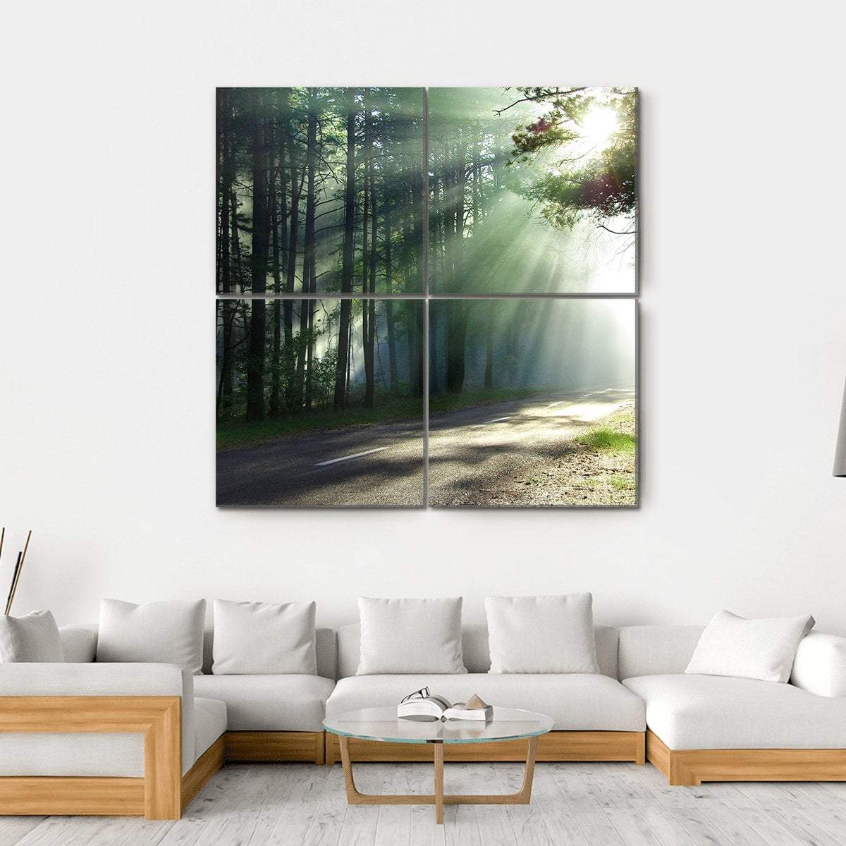Sunlight Rays On The Forest Road Canvas Wall Art-4 Square-Gallery Wrap-17" x 17"-Tiaracle