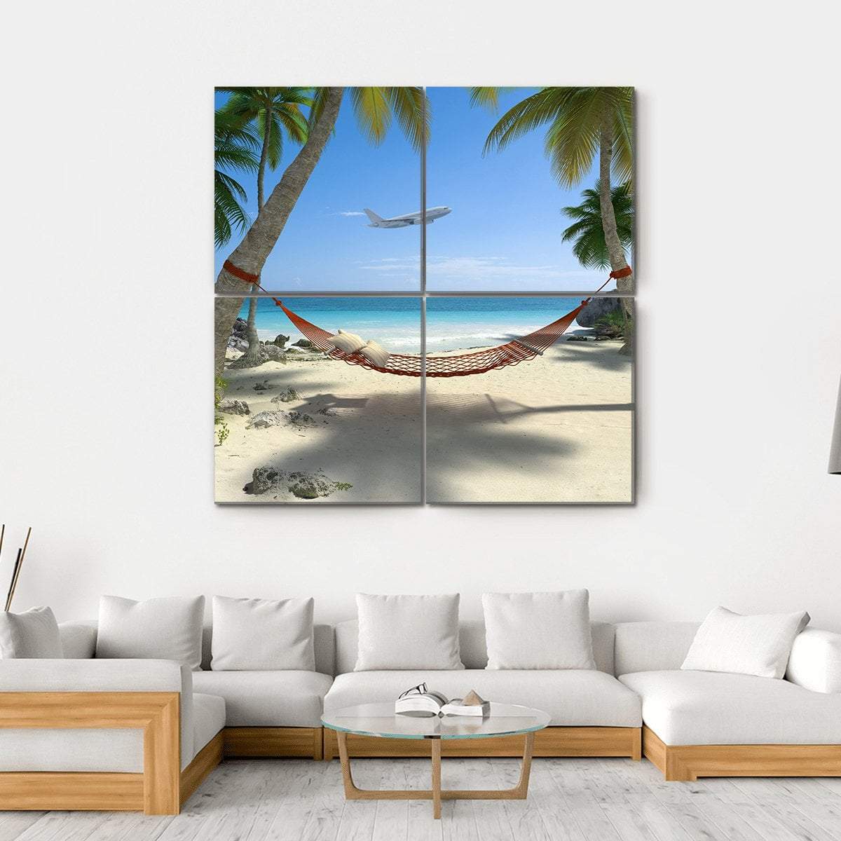 Tropical Beach With A Hammock Hanging From Palm Trees Canvas Wall Art-4 Square-Gallery Wrap-17" x 17"-Tiaracle