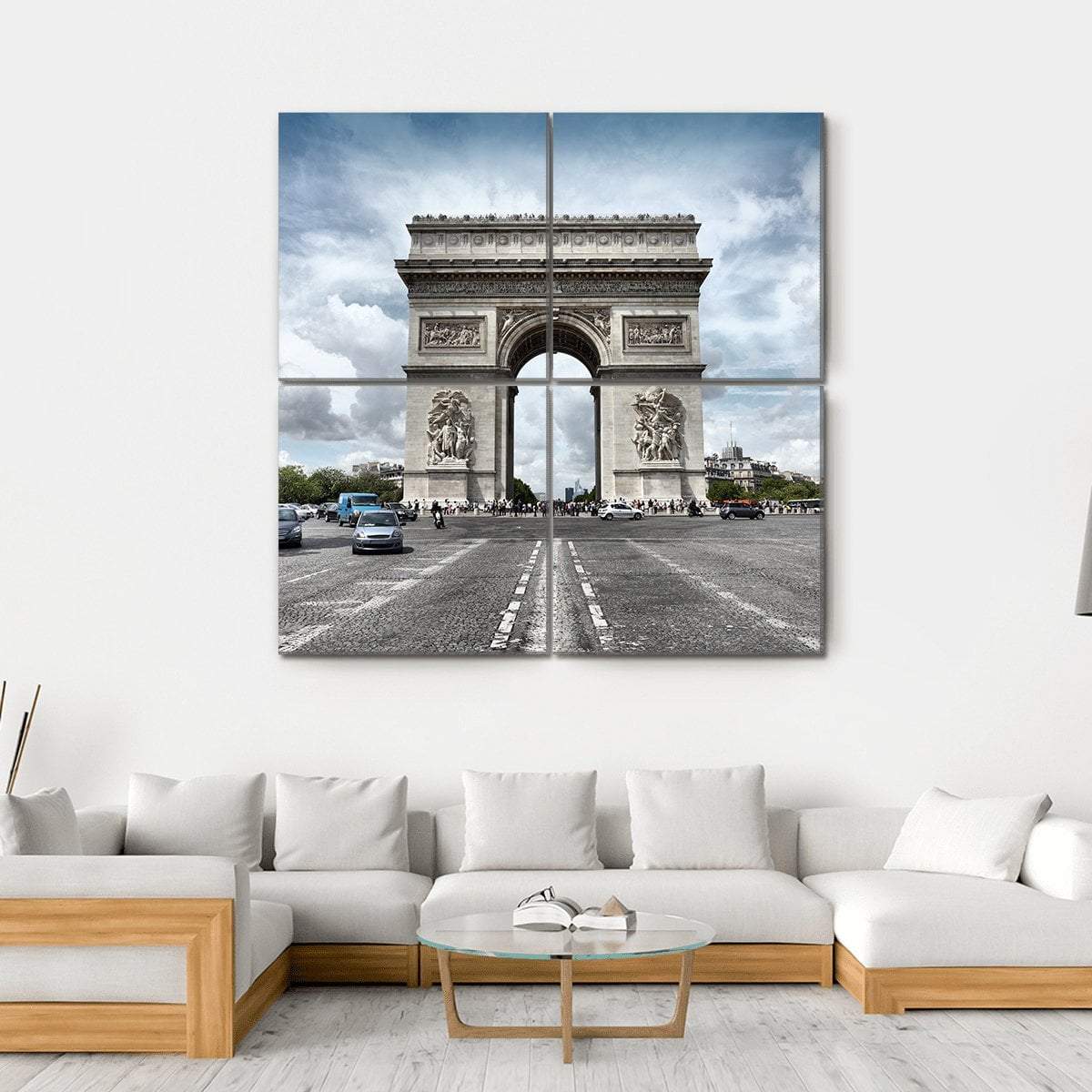 Arc De Triomphe on Paris Avenue Canvas Wall Art in white, gray and blue, hung on a wall
