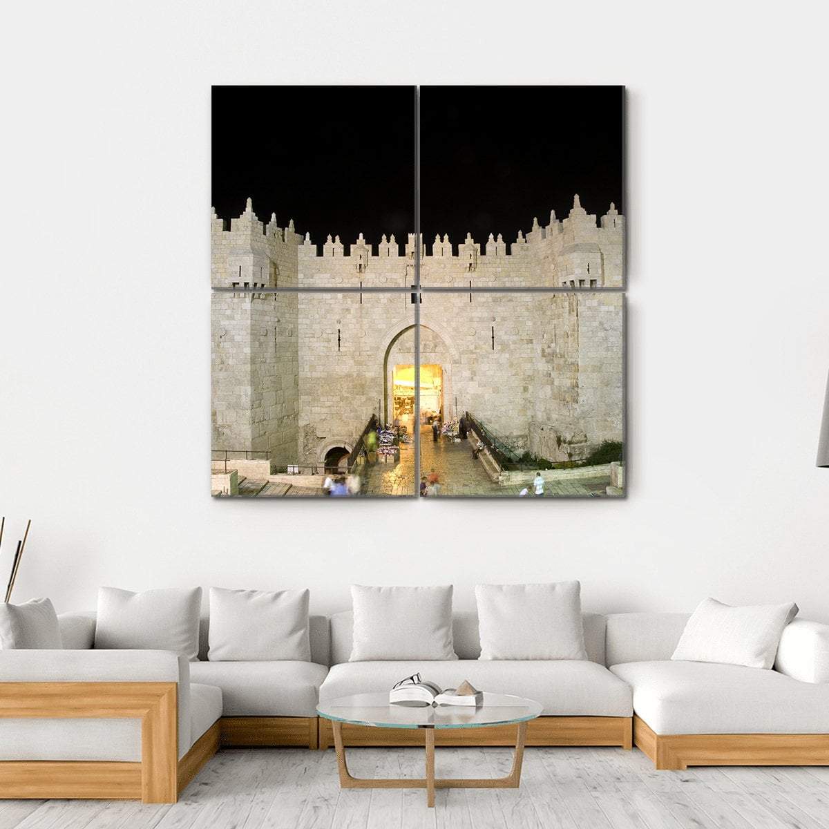 Damascus Gate Entrance Canvas Wall Art in black, gray and beige, hung on a wall
