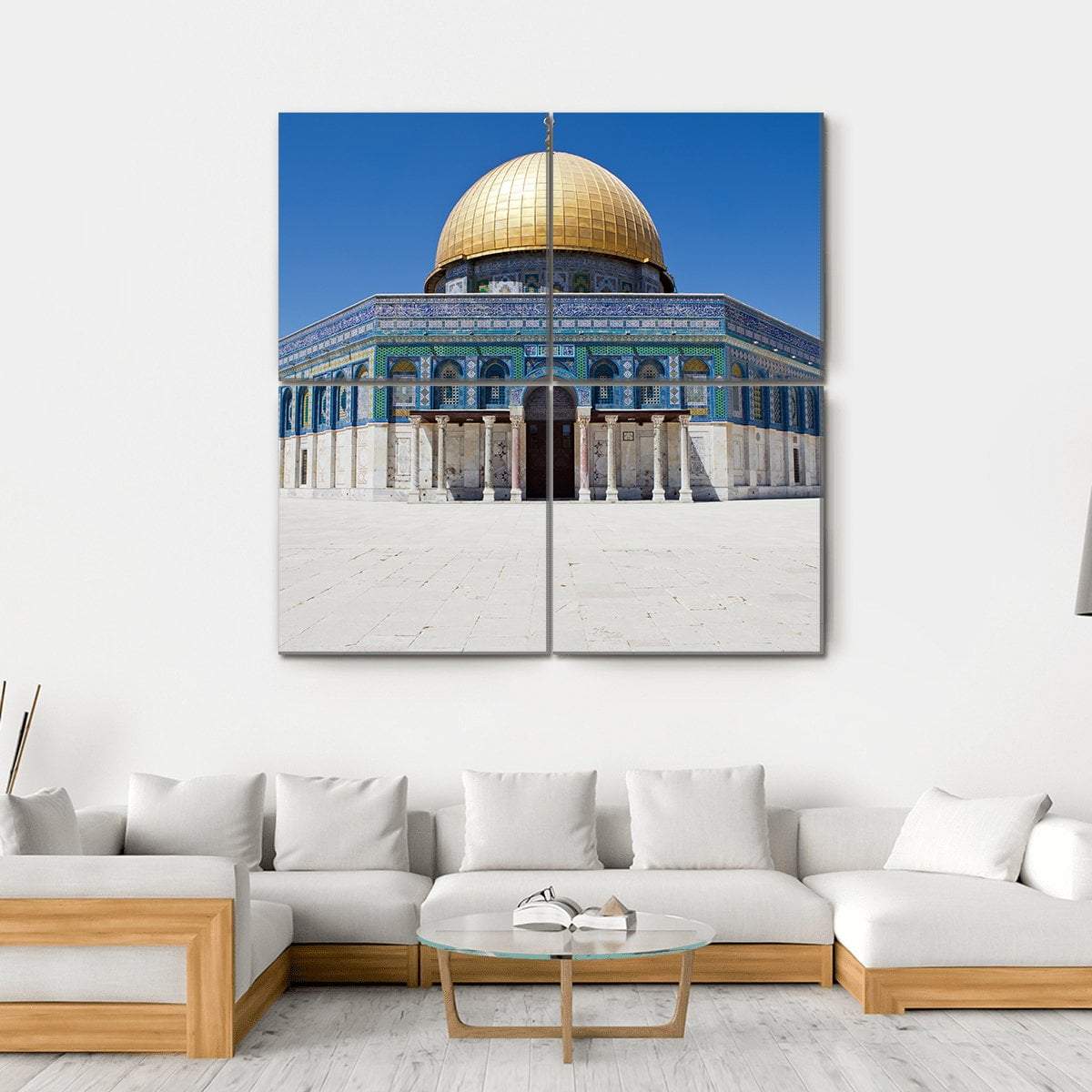 Dome of the Rock Canvas Wall Art in white, gold and blue, single panel hung on a wall