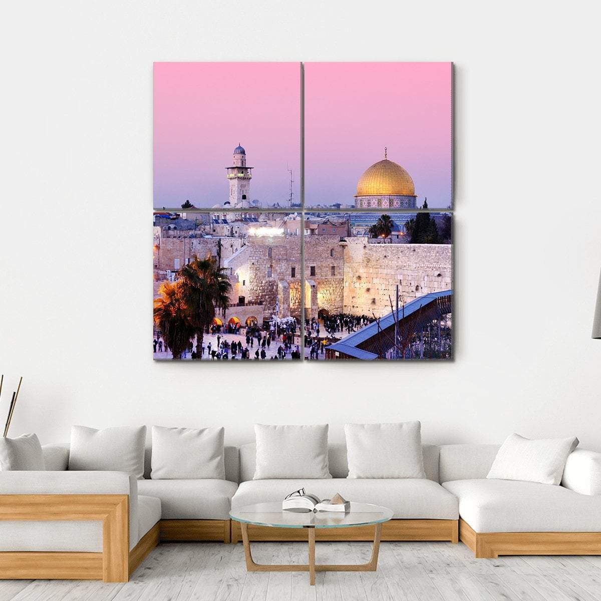 Al Aqsa Mosque at Dusk Canvas Wall Art in beige, blue and pink, hung on a wall