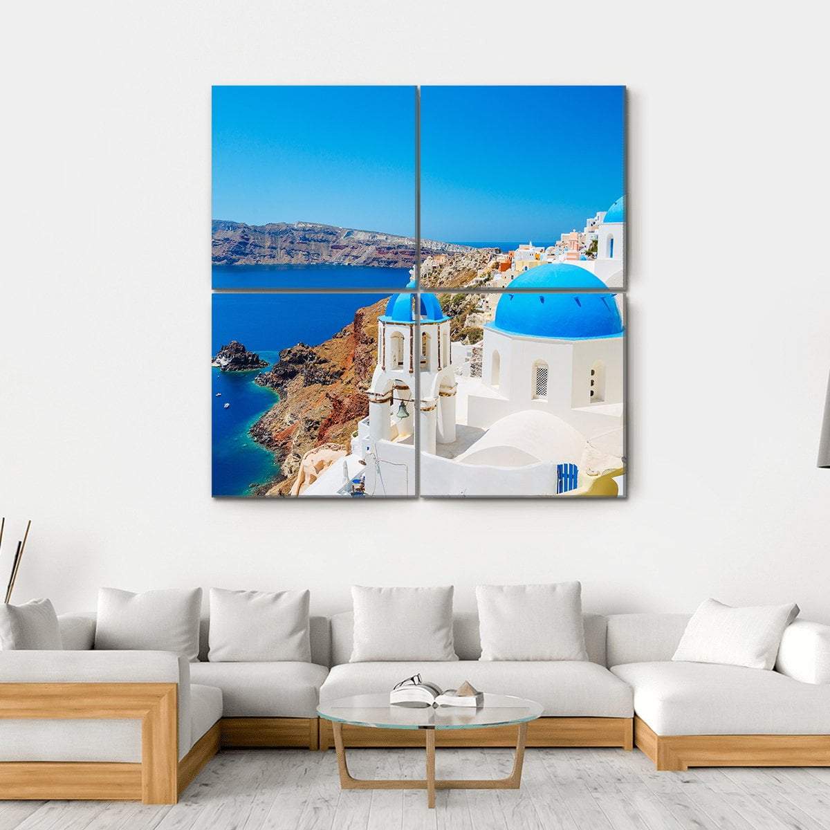 Blue Ocean & Dome Santorini Canvas Wall Art-4 Square-Gallery Wrap-17" x 17"-Tiaracle