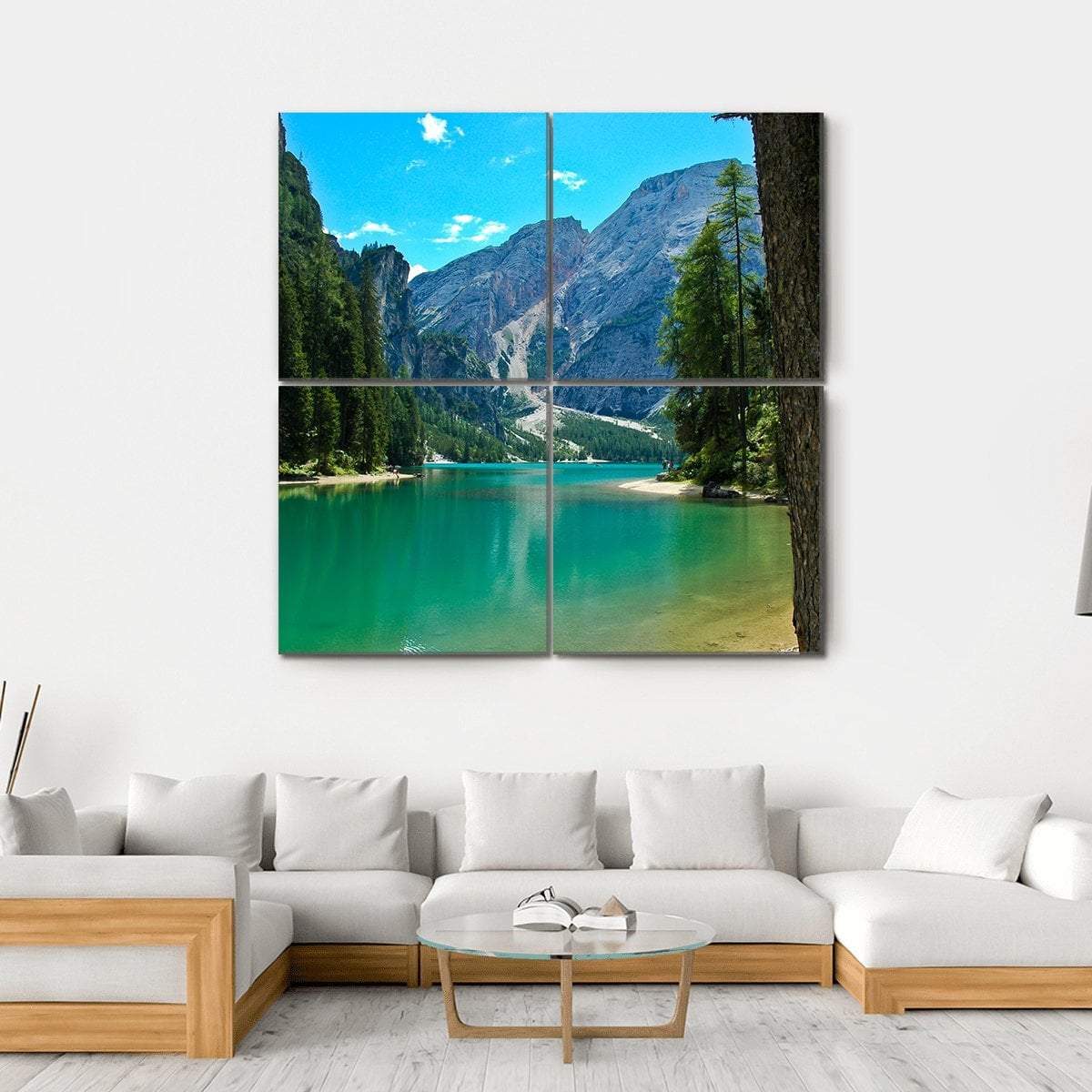 View Of Braies Lake And Croda Del Becco Canvas Wall Art-4 Square-Gallery Wrap-17" x 17"-Tiaracle