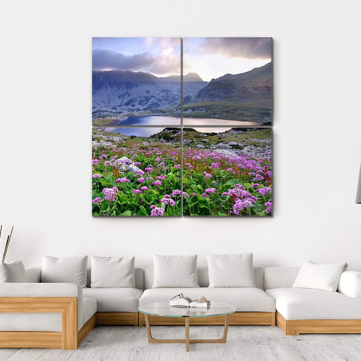 Alpine Lake with Purple Wildflowers Canvas Wall Art in green, blue and purple, single panel hung on a wall