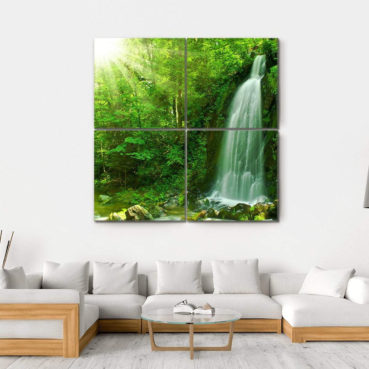 Waterfall Through Green Forest Canvas Wall Art-4 Square-Gallery Wrap-17" x 17"-Tiaracle