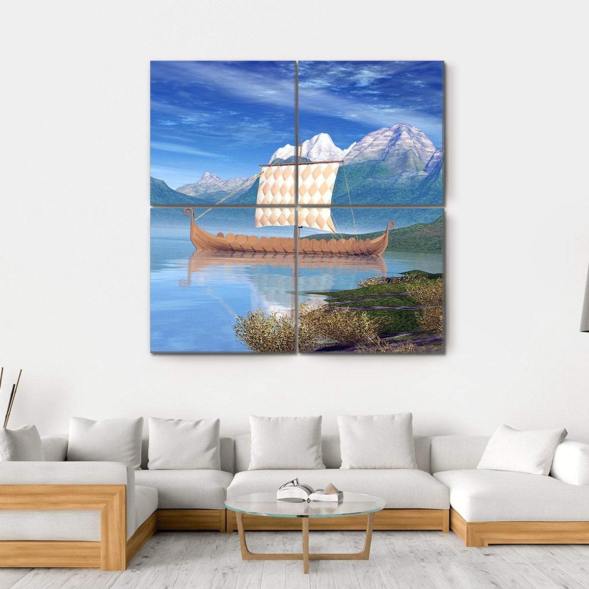 View Of Viking Ship Canvas Wall Art-4 Square-Gallery Wrap-17" x 17"-Tiaracle