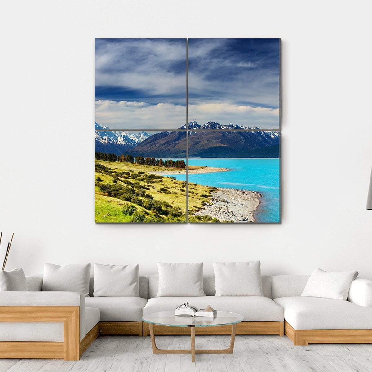 Mount Cook And Pukaki Lake Canvas Wall Art-4 Square-Gallery Wrap-17" x 17"-Tiaracle