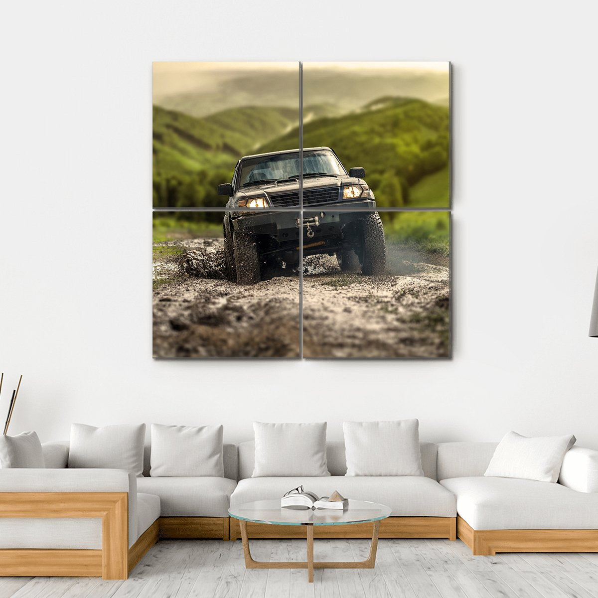 4*4 Crossing Puddly Road Canvas Wall Art-4 Square-Gallery Wrap-17" x 17"-Tiaracle