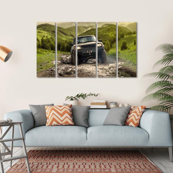 4*4 Crossing Puddly Road Canvas Wall Art-5 Horizontal-Gallery Wrap-22" x 12"-Tiaracle