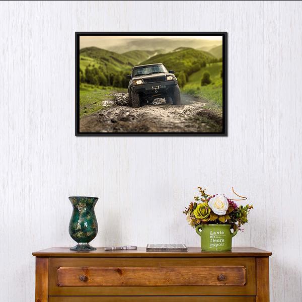 4*4 Crossing Puddly Road Canvas Wall Art-1 Piece-Floating Frame-24" x 16"-Tiaracle