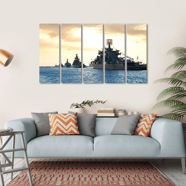 Row Of Military Ships Against Marine Sunset Canvas Wall Art-5 Horizontal-Gallery Wrap-22" x 12"-Tiaracle
