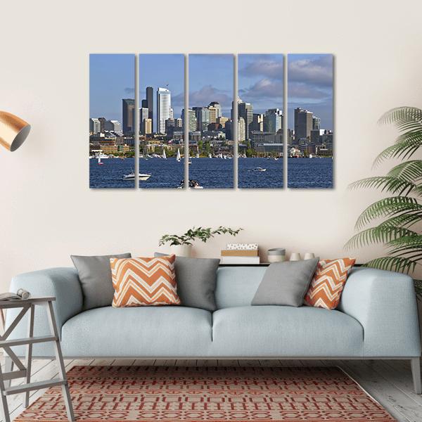 Seattle Washington Skyline On Lake Canvas Wall Art-5 Horizontal-Gallery Wrap-22" x 12"-Tiaracle