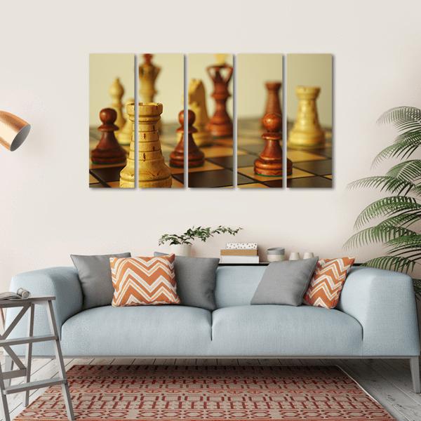 Brown Chess Pieces Canvas Wall Art-5 Horizontal-Gallery Wrap-22&quot; x 12&quot;-Tiaracle