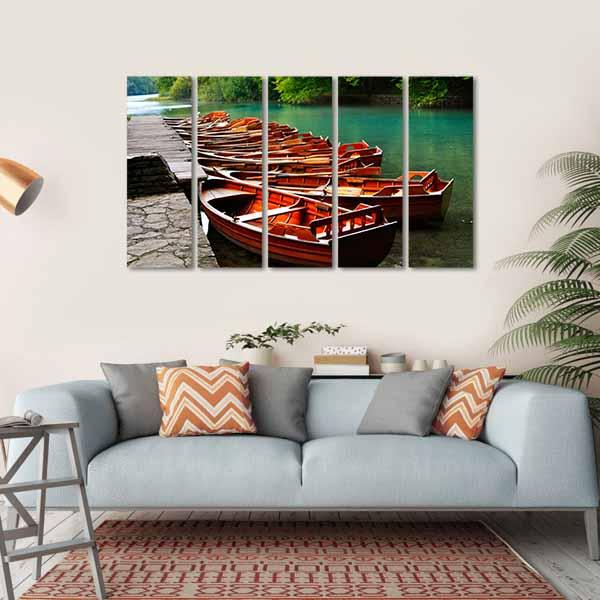 Boats In Green Lake Canvas Wall Art-5 Horizontal-Gallery Wrap-22" x 12"-Tiaracle