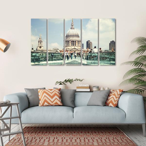 St Paul's Cathedral And Millennium Bridge Canvas Wall Art-5 Horizontal-Gallery Wrap-22" x 12"-Tiaracle