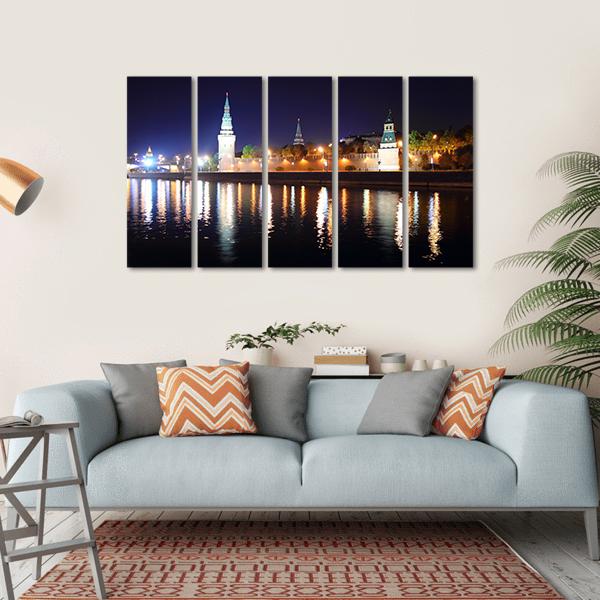 Kremlin From River At Night Canvas Wall Art-5 Horizontal-Gallery Wrap-22" x 12"-Tiaracle