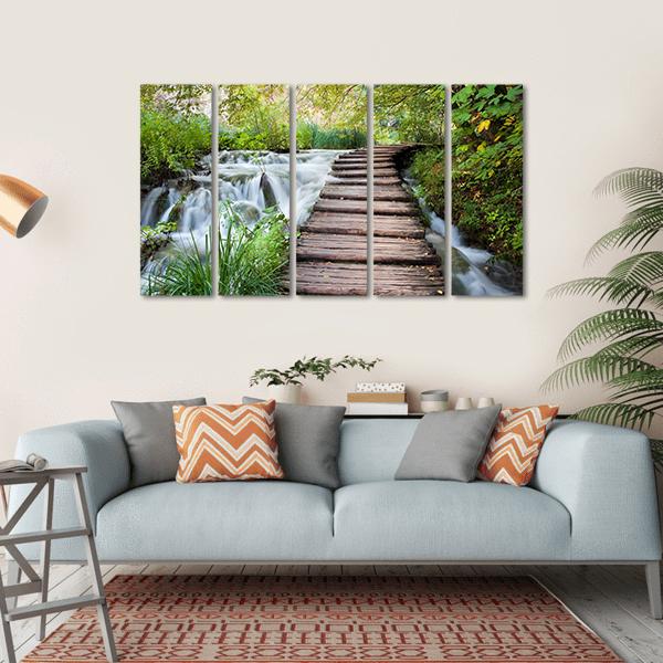 Wooden Path Along The Stream In Forest Canvas Wall Art-5 Horizontal-Gallery Wrap-22" x 12"-Tiaracle