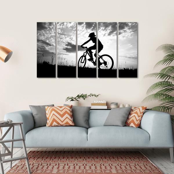 Silhouette Of Girl Biker Canvas Wall Art-5 Horizontal-Gallery Wrap-22&quot; x 12&quot;-Tiaracle