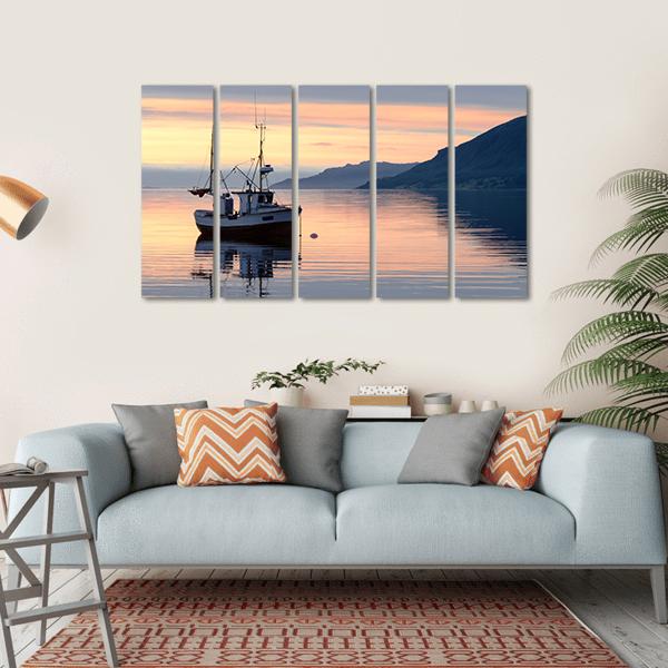 Fishing Boat Lies At Sundown Canvas Wall Art-5 Horizontal-Gallery Wrap-22" x 12"-Tiaracle