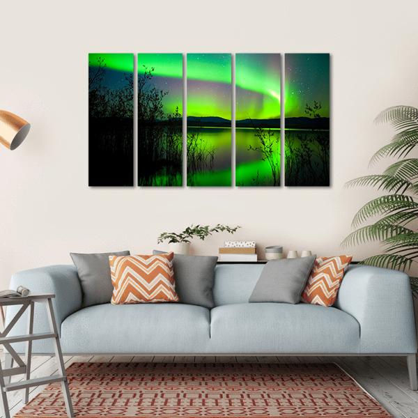 Silhouettes Of Intense Northern Lights over Lake Laberge Canada Canvas Wall Art-5 Horizontal-Gallery Wrap-22" x 12"-Tiaracle