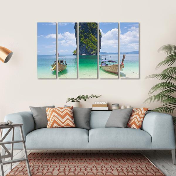 Cliff And Boats Thailand Canvas Wall Art-5 Horizontal-Gallery Wrap-22" x 12"-Tiaracle