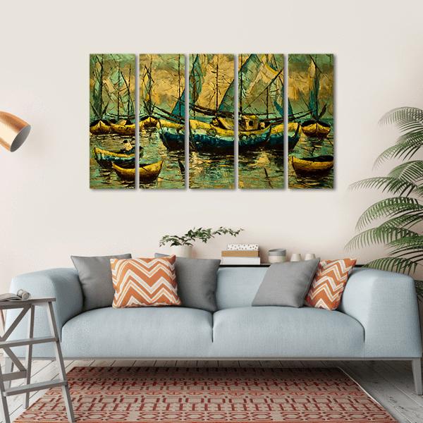 Boats In A Lake Canvas Wall Art-5 Horizontal-Gallery Wrap-22" x 12"-Tiaracle