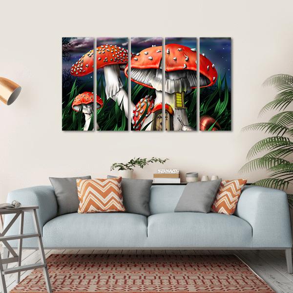 Magical Mushrooms In Forest Canvas Wall Art-5 Horizontal-Gallery Wrap-22" x 12"-Tiaracle