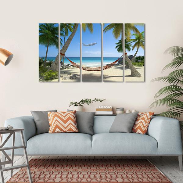 Tropical Beach With A Hammock Hanging From Palm Trees Canvas Wall Art-5 Horizontal-Gallery Wrap-22" x 12"-Tiaracle