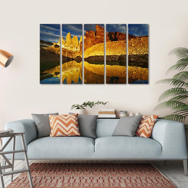 Towers With Reflection At Sunrise Canvas Wall Art-5 Horizontal-Gallery Wrap-22" x 12"-Tiaracle