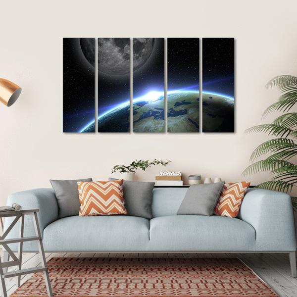 Earth &amp; Moon Canvas Wall Art-5 Horizontal-Gallery Wrap-22" x 12"-Tiaracle