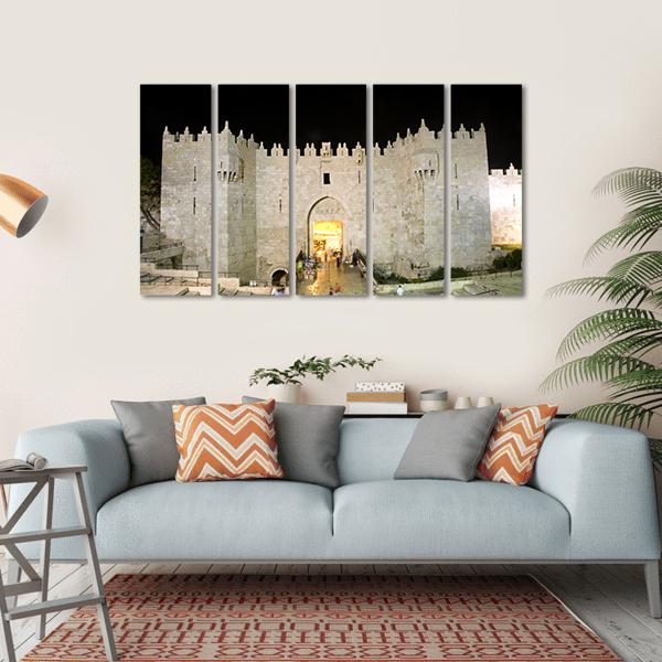 Damascus Gate Entrance Canvas Wall Art in black, gray and beige, hung on a wall