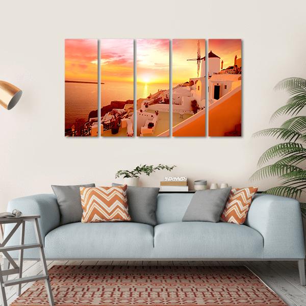 Santorini With Famous Windmill In Greece Canvas Wall Art-5 Horizontal-Gallery Wrap-22" x 12"-Tiaracle