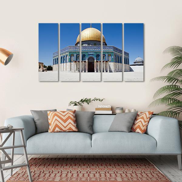 Dome of the Rock Canvas Wall Art in white, gold and blue, single panel hung on a wall