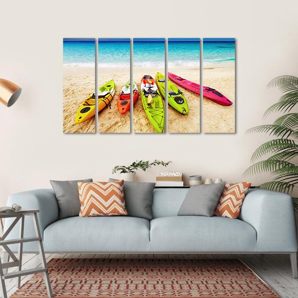Colorful Kayaks On Beach Canvas Wall Art-5 Horizontal-Gallery Wrap-22" x 12"-Tiaracle