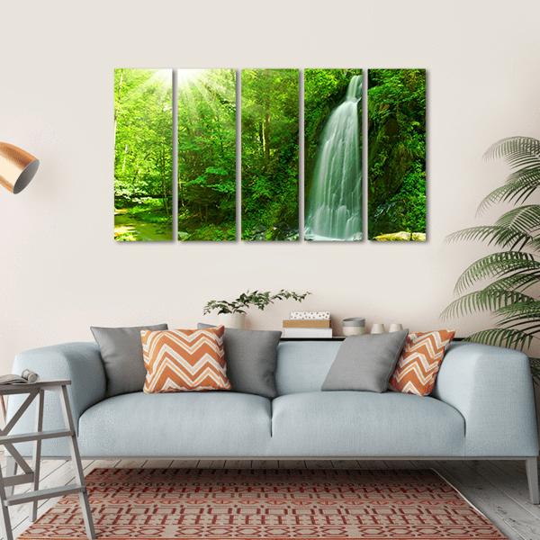 Waterfall Through Green Forest Canvas Wall Art-5 Horizontal-Gallery Wrap-22" x 12"-Tiaracle