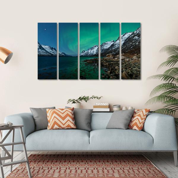 Aurora Borealis With Fjords Canvas Wall Art-5 Horizontal-Gallery Wrap-22" x 12"-Tiaracle