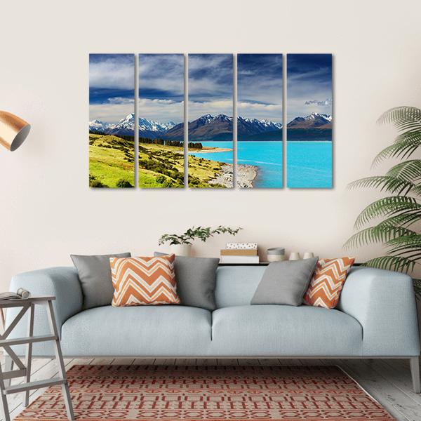 Mount Cook And Pukaki Lake Canvas Wall Art-5 Horizontal-Gallery Wrap-22" x 12"-Tiaracle