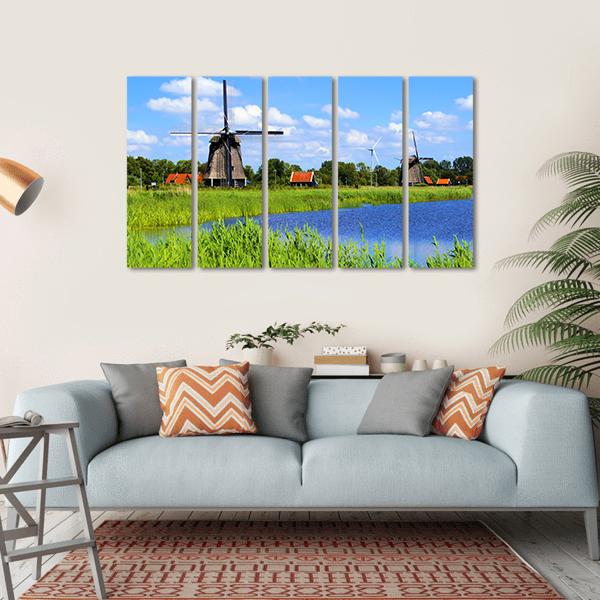 Windmills Along A Canal Near Alkmaar Canvas Wall Art-5 Horizontal-Gallery Wrap-22" x 12"-Tiaracle