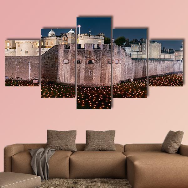 Tower Of London Flames Canvas Wall Art-5 Star-Gallery Wrap-62" x 32"-Tiaracle