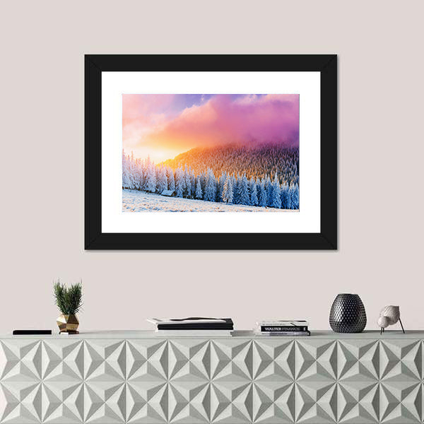 Winter Sunrise Over Snow-covered Pines and Cabin Canvas Wall Art