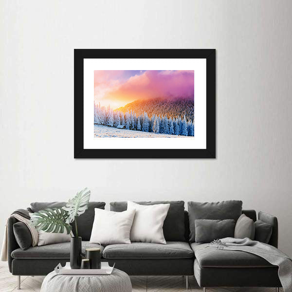 Winter Sunrise Over Snow-covered Pines and Cabin Canvas Wall Art